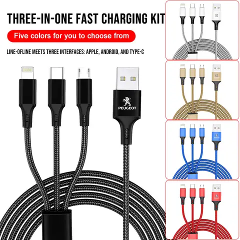 3 in 1 Type C Lightning Micro USB Car Fast Charging Cable for Peugeot 308 206 207 407 607 108 208 301 308 508 Wheel Center Caps