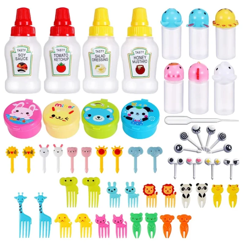 54pcs/set Children\'s Bento Sauce Bottle Mini Cartoon Seasoning Squeeze Bottle Children Snack Cake Fruit Forks Silicone Lunch Box