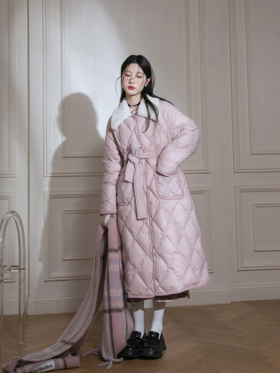 

COTRE Long White Goose down Jaet 90% Fill Power Lattice Stitching Milk Peach Design Warm Thi Nylon Outer Winter Coat