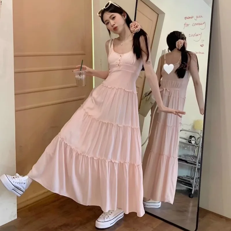 

Summer Women Pink Ruffle Long Dress Korean French Fairy Elegant Chic Evening Dress Sleeveless Slim Fit Sweet Camis Dress Платье