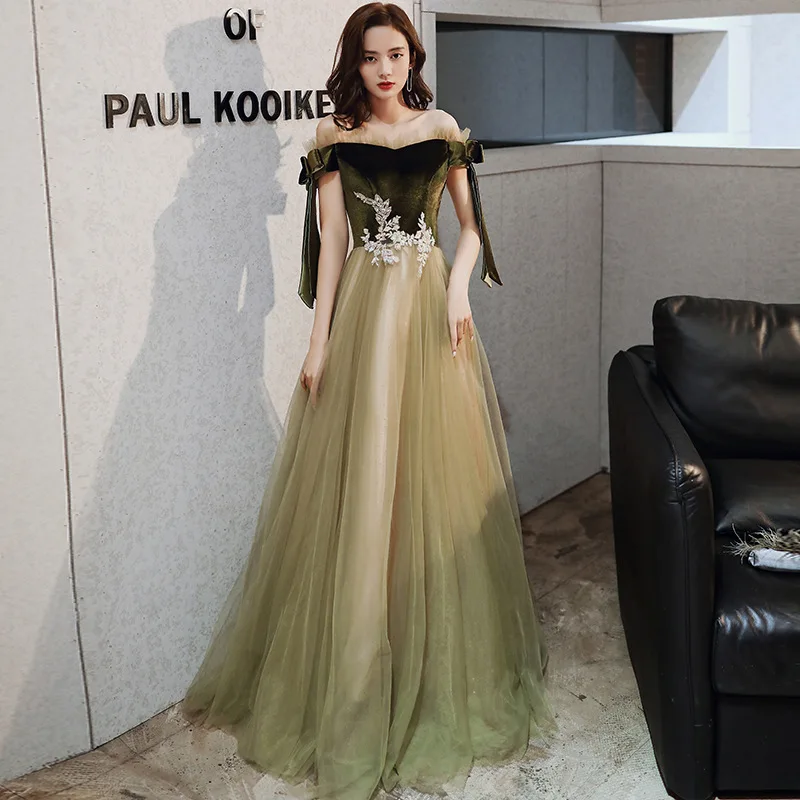 

Green Velvet Patchwork Evening Dress Women Bow Appliques Off Shoulder Homecoming Dresses Exquisite Elegant Banquet Gown