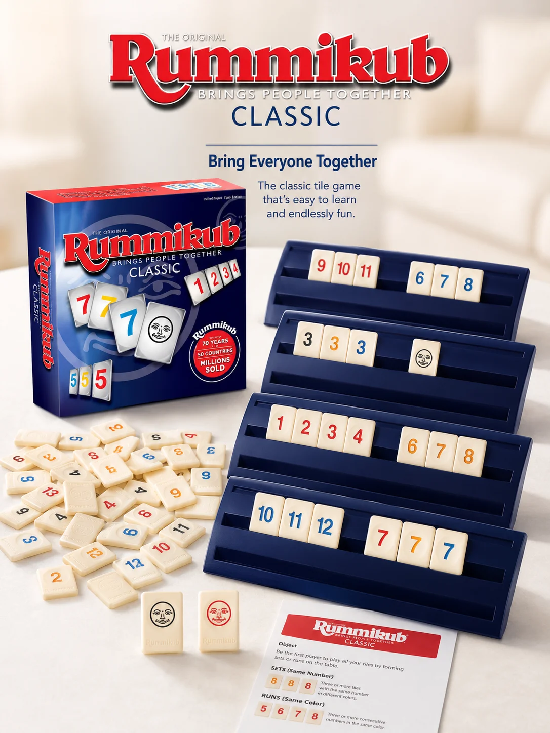 Rummikub Classic Number Tile Game, Family Strategy Board Game, Educational Party Game for Adults and Kids, English Version