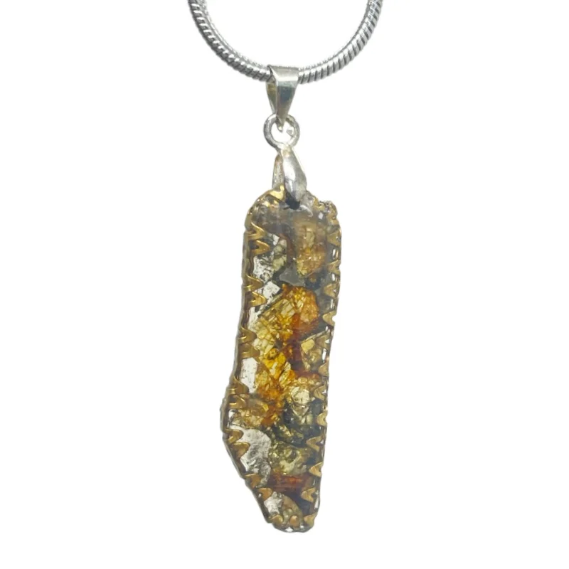 Sericho Pallasite Meteorite Pendant Freeform Slice Gold‑Tone Edge Olivine Crystal Space Mineral Necklace TB340