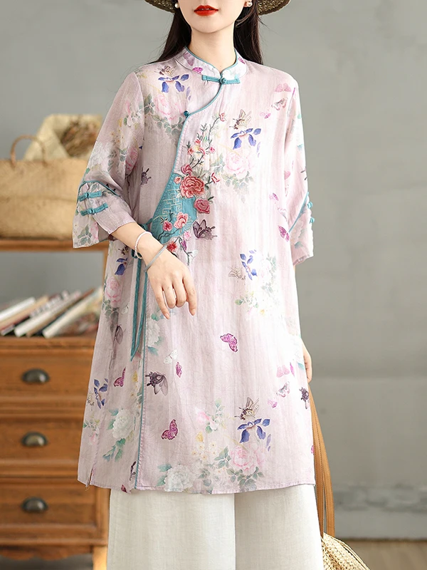 

Художественный женский льняной костюм большого размера с вышивкой и принтом по бокам, галстук на пуговицах, чайный костюм средней длины, летняя мода