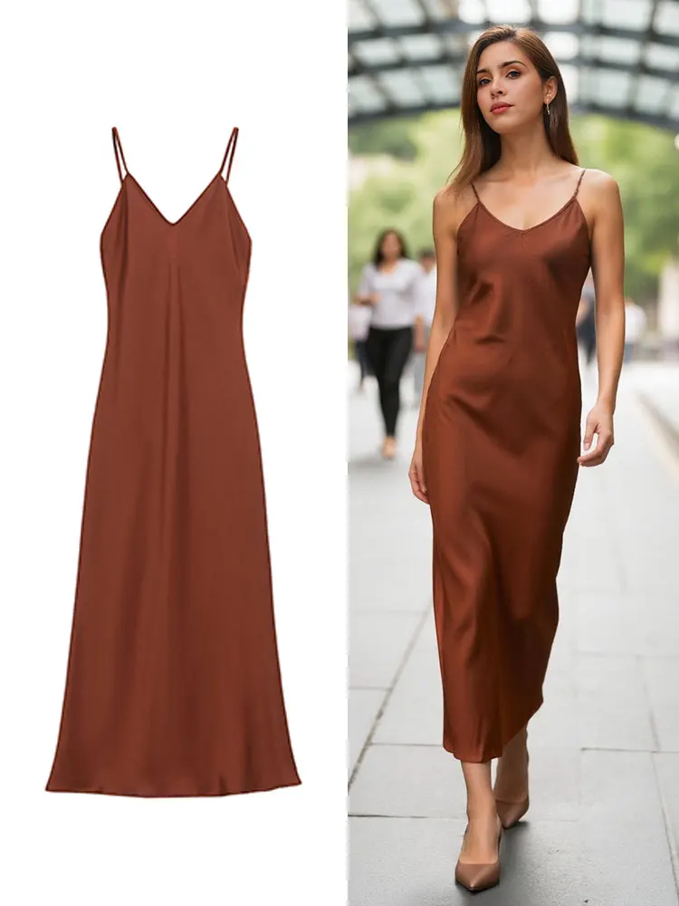 HH レディース エレガント 無地 サテン風 ワンピース 細ストラップ スリム ロングドレス 2025 春夏 セクシー レディース バックレス パーティードレス