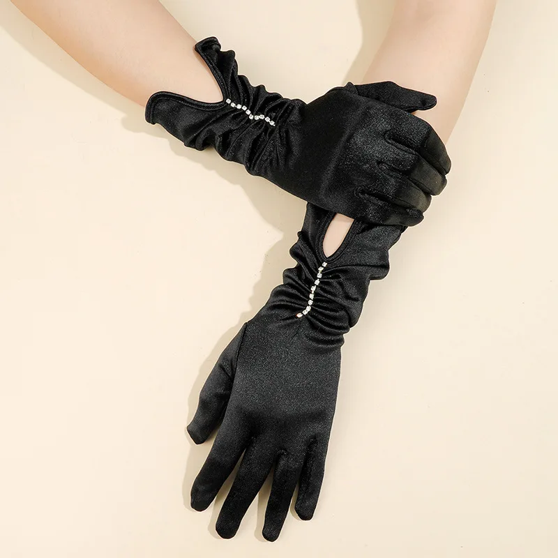 Sexy Ladies Satin Dance Performance Etiquette Gloves Nightclub Sparkling Bridal Dress Gloves Halloween Cosplay Dress Accessories