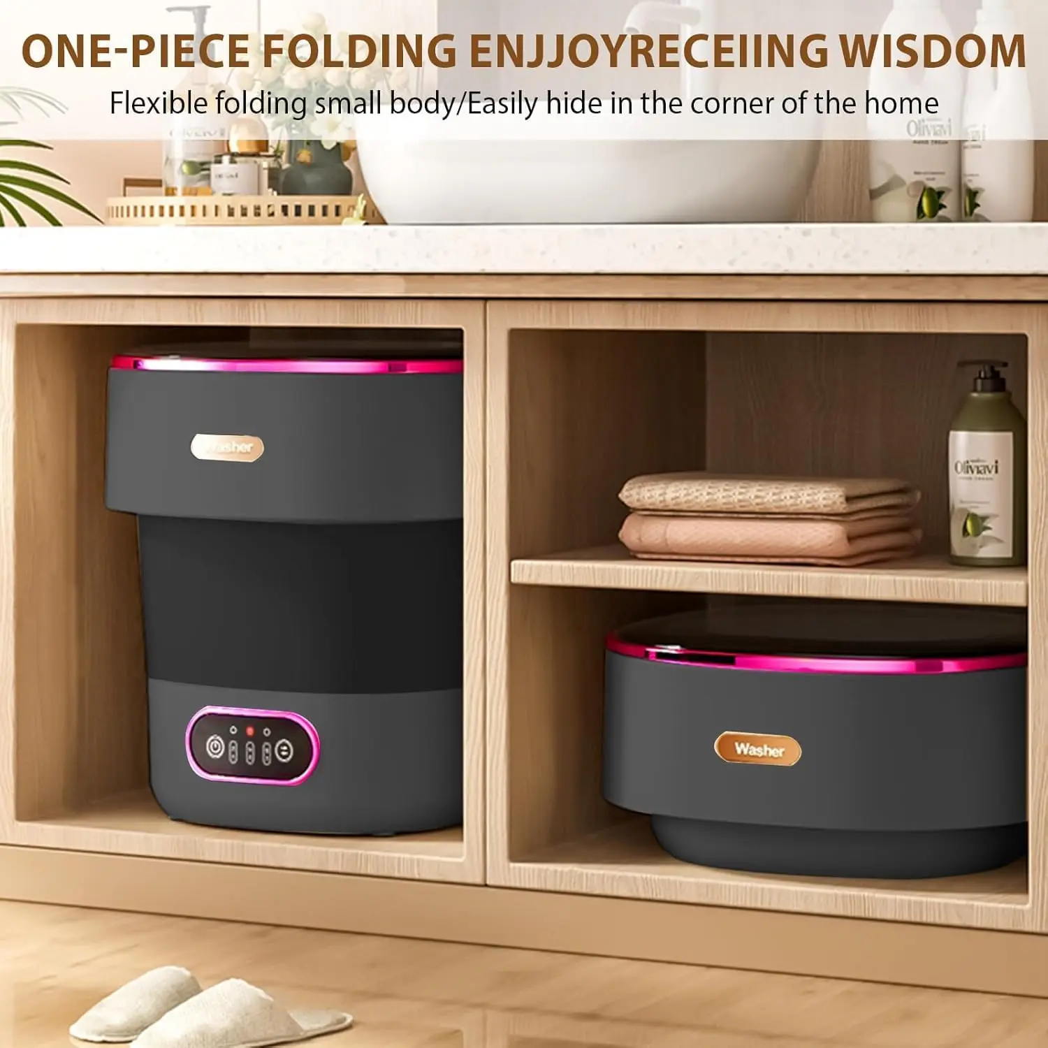 13L Portable Washer with 3 Cleaning Modes, Mini Foldable Washing Machine for Baby Clothes Underwear Socks, for Apartment Home Camping Travel, Black Purple