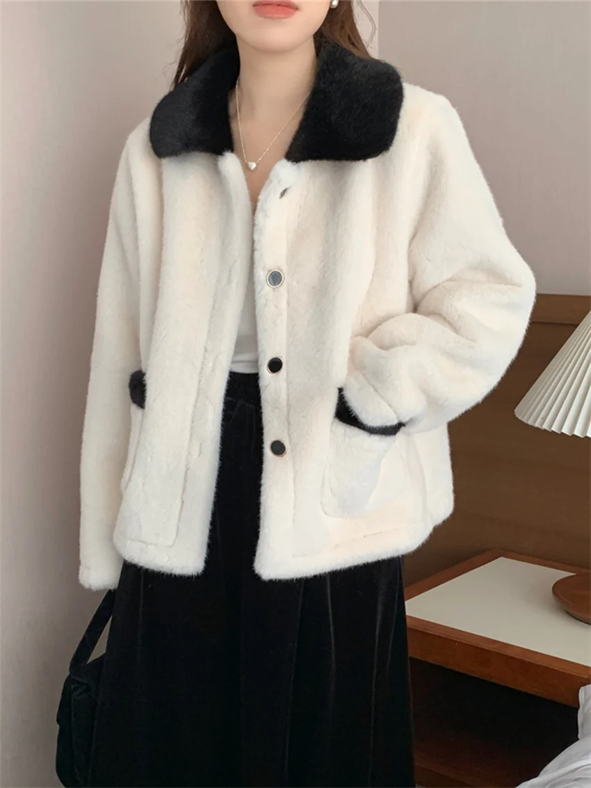 

Alien Kitty M-L Beige Women Coats Lamb Wool Soft Chic 2024 Elegant Winter Mujer Office Lady High Street Loose Daily New Slim