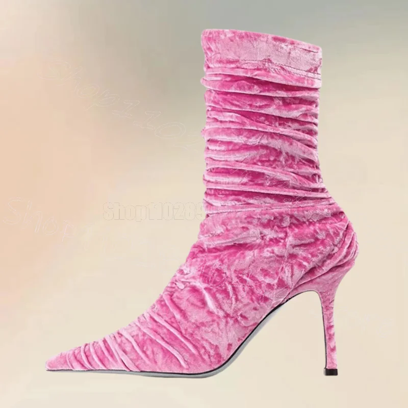 أحذية سروال قصير باللون الأحمر الوردي بمقدمة مدببة أحذية منتصف العجل سهلة الارتداء أحذية نسائية بكعب عالي رفيع موضة الحفلات والمواعدة 2025 Zapatos Para Mujere