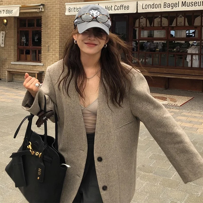 

Chic V-Ne Single-Button Loose Classic Small Size Women's Coat Autumn High-End Feel Commute Sle Long Sve Pure Color