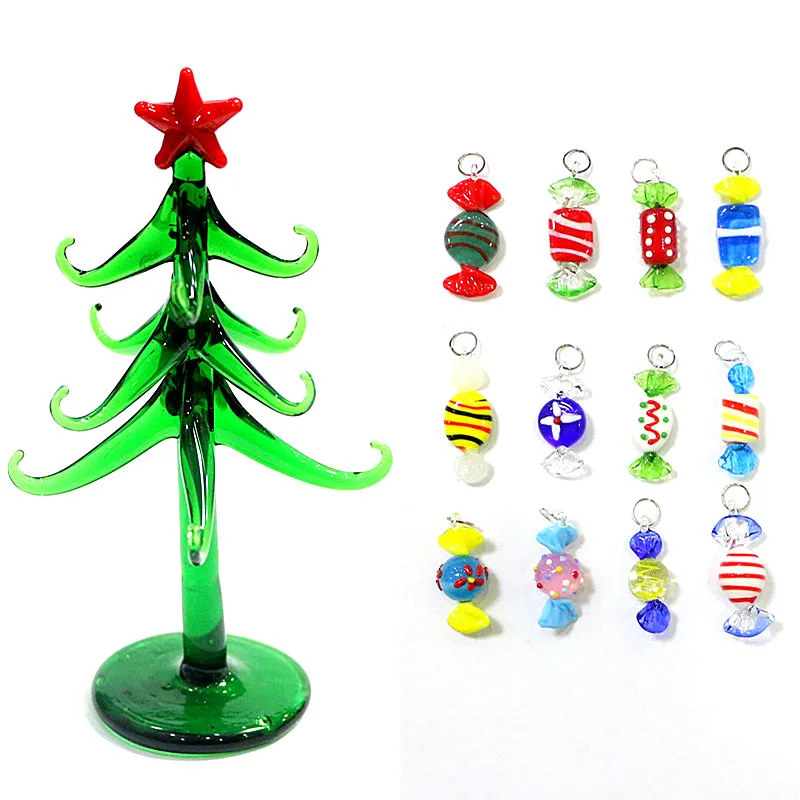 Mini Glass Christmas Tree Ornaments with 12pcs Cute Tiny Sweet Candy Charm Pendant Creative Desk Xtmas Decor New Year Party Gift