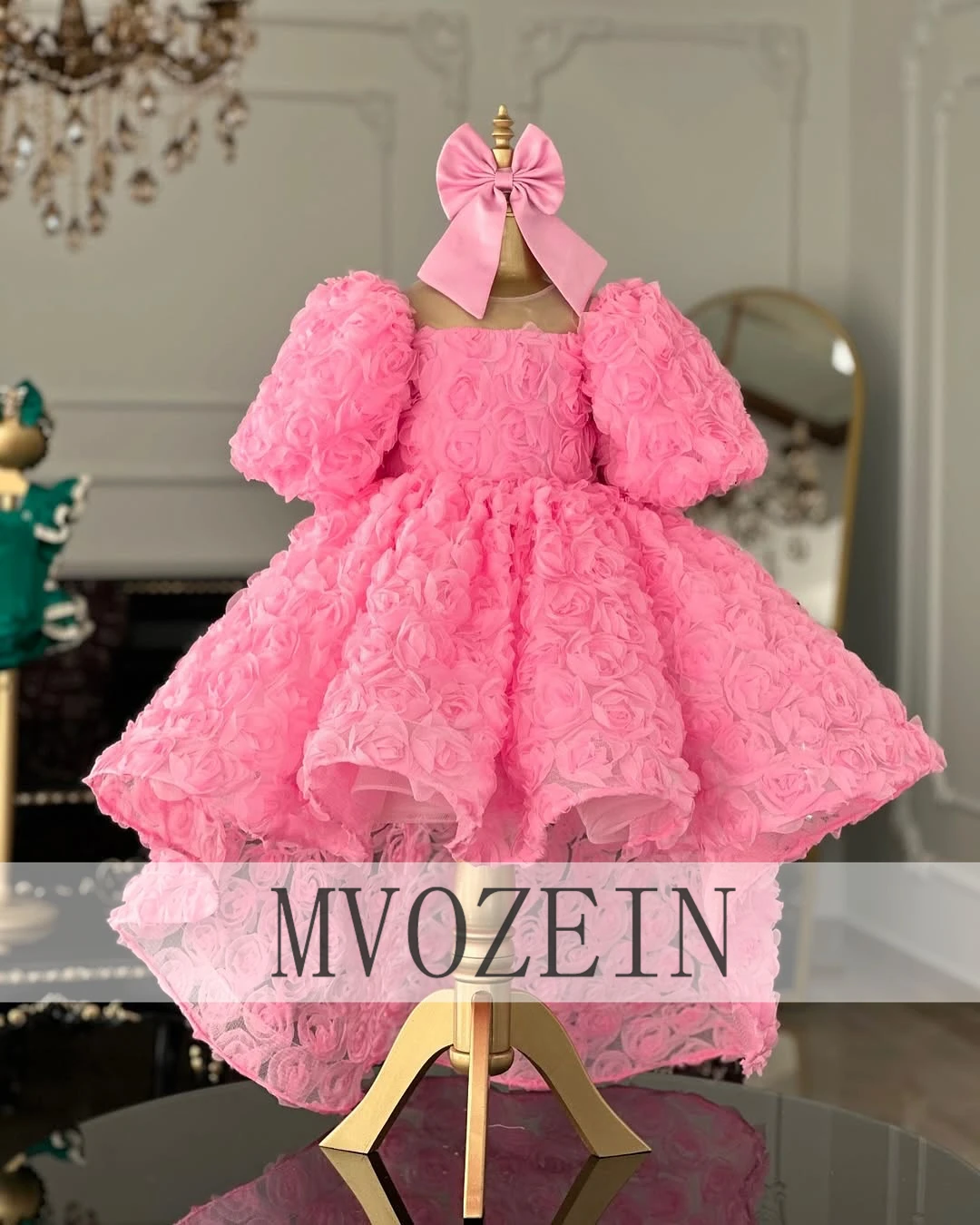 Birthday Dresses Luxury for Girls Pink 3D Rose Puff Sleeve High Low Girl Princess Dress Kids Clothes Girls Wedding Party Dress