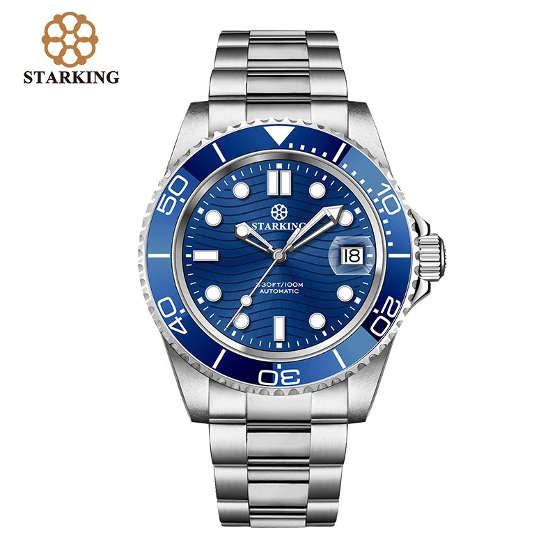 STARKING Brand 100M Diving Sports Mechanical Watch for Men Stainless Steel Waterproof Luminous Calendar Fashion Blue Watches Men