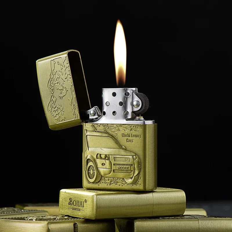 

Retro bronze lighter, grinding wheel relief igniter, recyclable open flame spray gun, outdoor camping cigarette accessories