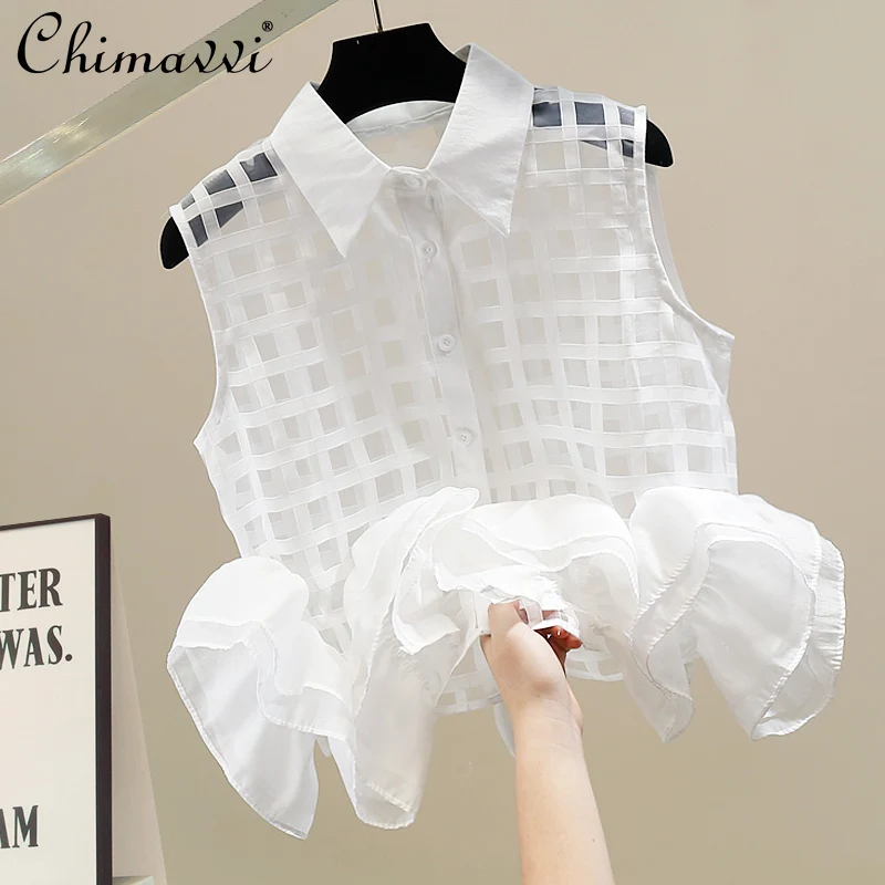 

New Korean Fashion Heavy 3D Flower Splicing Plaid Sleeveless Shirt Sweet Girls Temperament Loose Blouse Women's Top Summer New