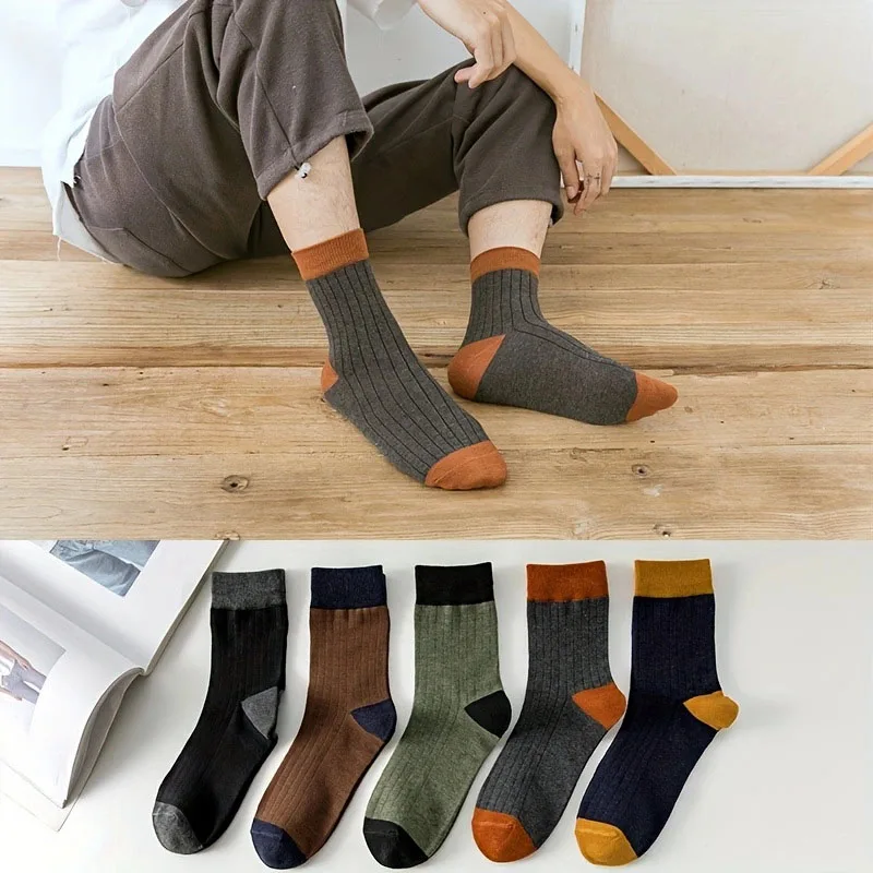 5 Pairs Autumn Winter Men Thickened Warm Socks High Quality Versatile Vintage Warm Comfortable Striped Mid Tube Sports Socks