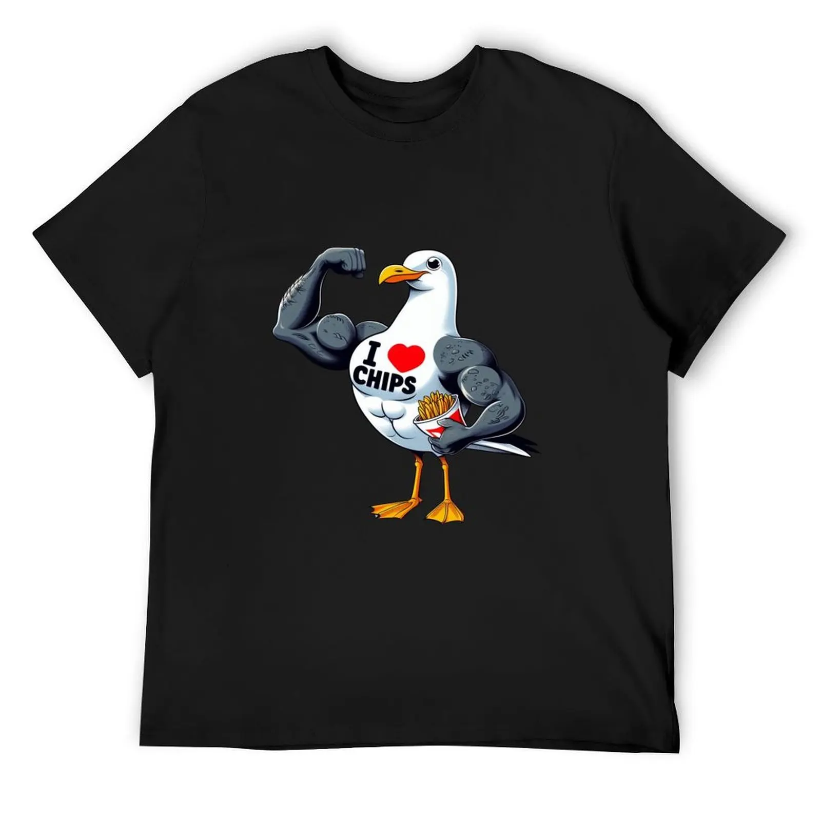 

Muscly Seagull with chips T-Shirt custom t shirt blacks street wear boys animal print men t shirts