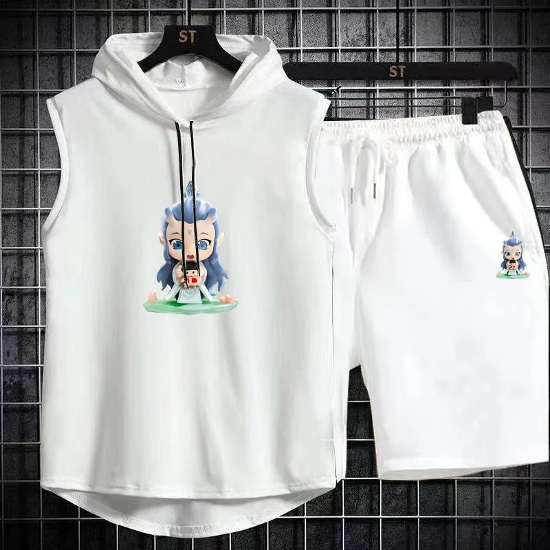 Nezha animation printed hooded vest shorts set spring summer men's suit