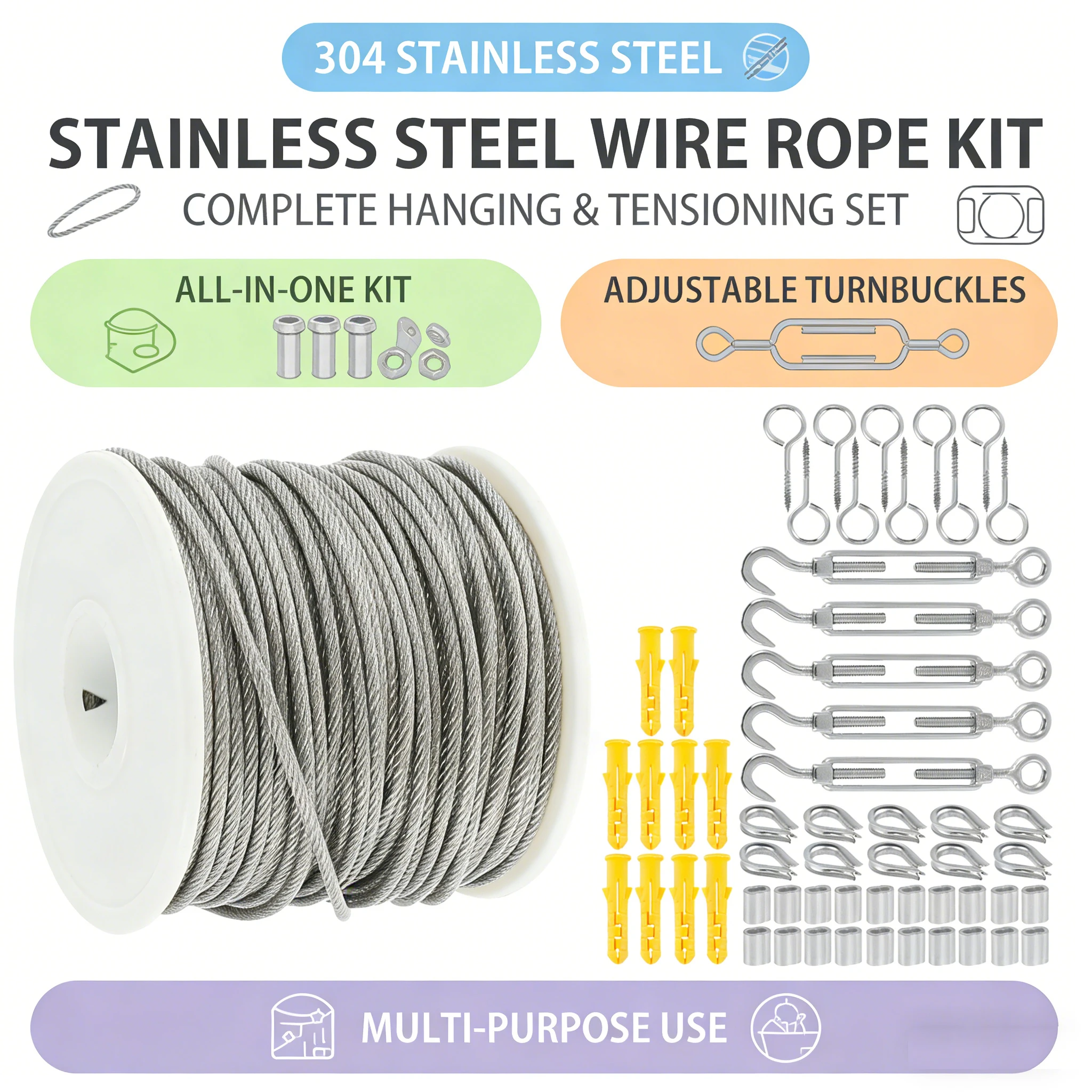 15/30m Stainless Steel Cable Rope Kits Heavy Duty Garden Wire Cable Balcony Railing Farm Fence Tent Roll 304 PVC Coated