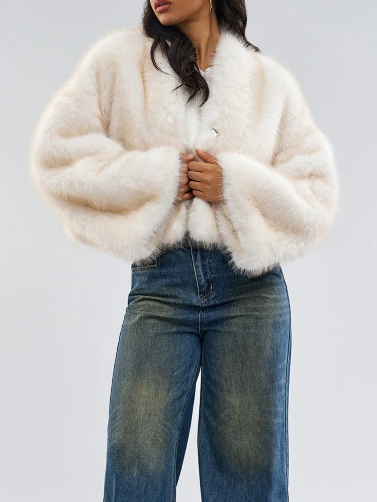 UCXQ Vinatge Faux Fur Coat European Style V-neck Loose All Match Temperament Elegant Warm Jacket Women 2024 Autumn Winter C1908