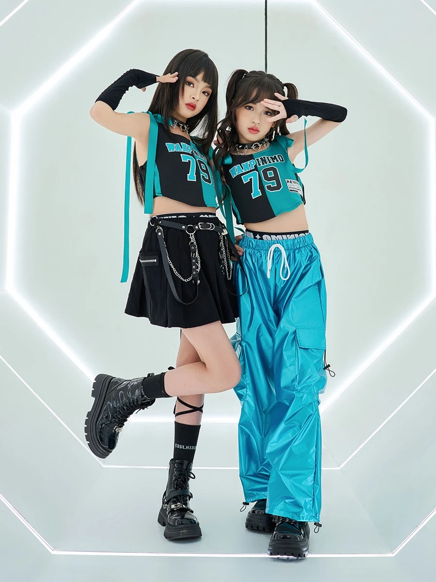 New Fashion Jazz Modern Dance Performance Stage Costumes For Girls Blue Vest Loose Pants Suit Boys Hip Hop Rave Clothes DQS16119