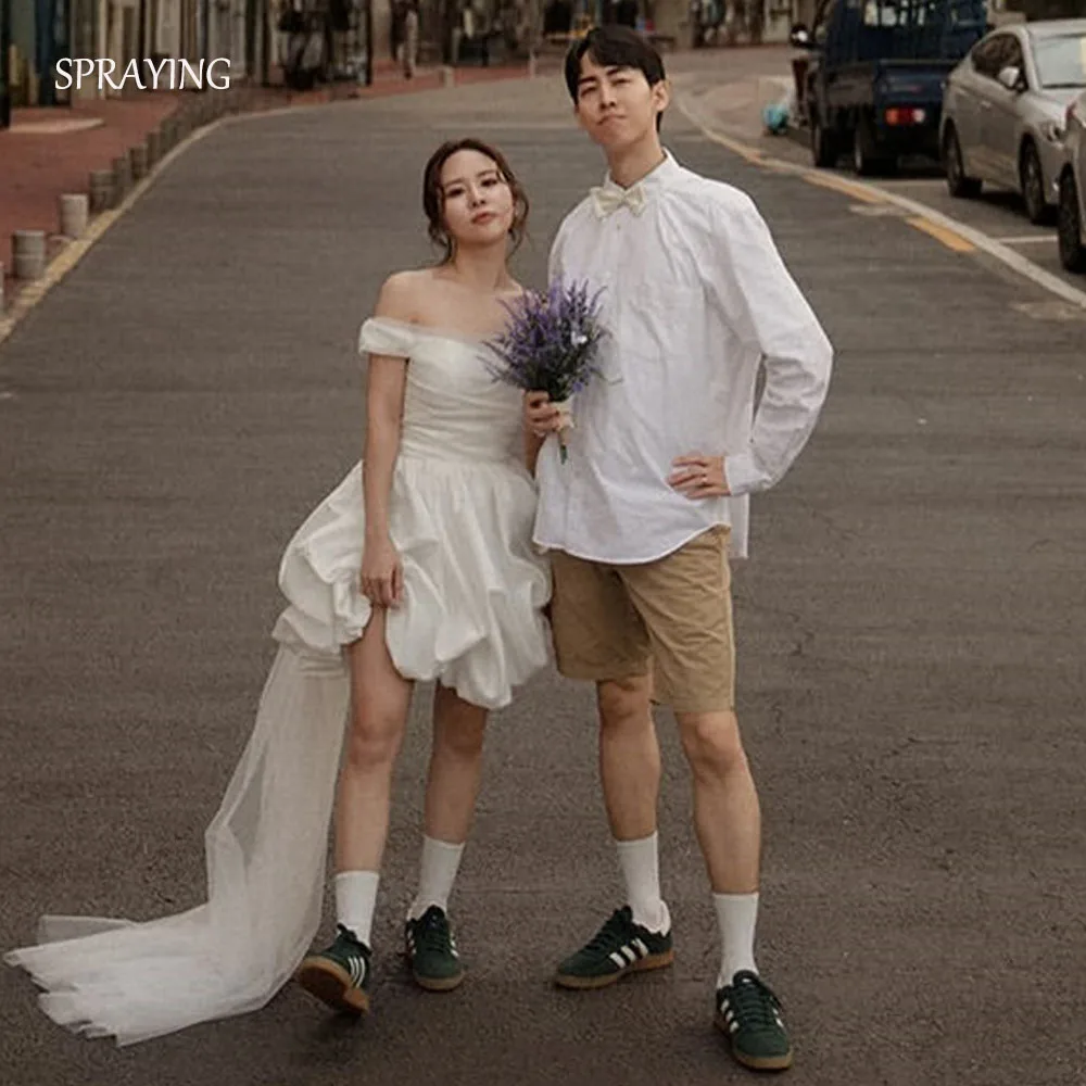 

SPRAYING Ivory Taffeta Mini Wedding Dress Korea Photo Shoot Off Shoulder Bridal Gowns A line Short Corset Customized 웨딩드레스