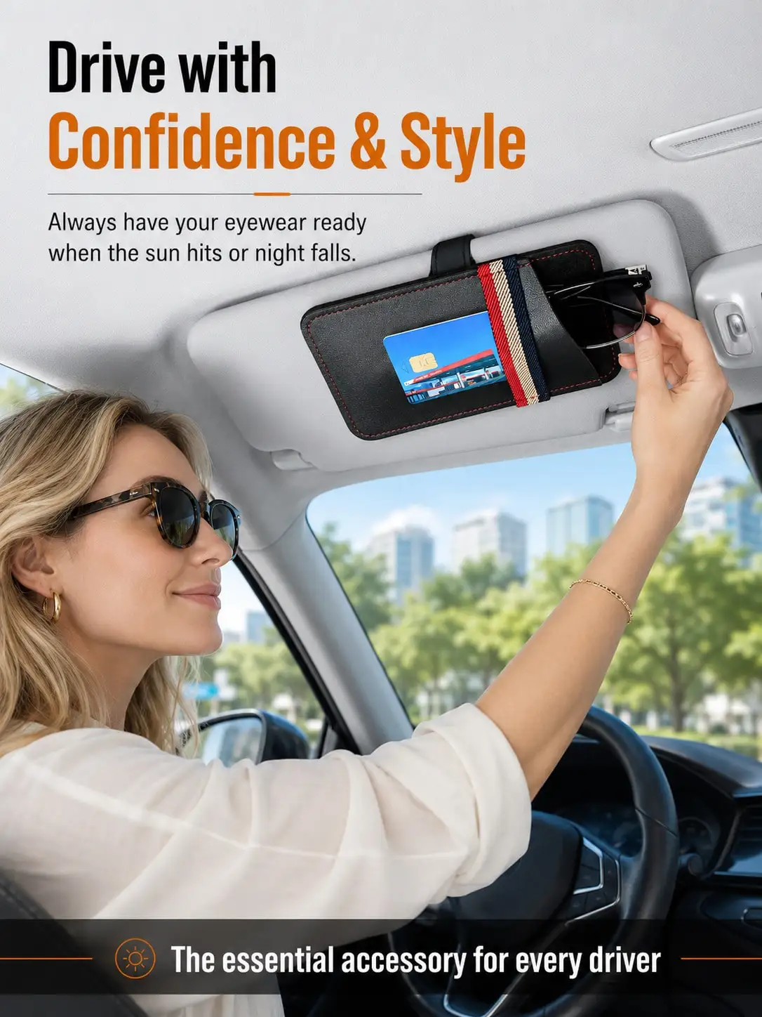 Universal Car Sun Visor Glasses Holder, Nappa Leather Felt Lined Sunglasses Storage Bag, Anti-Scratch One Hand Access for Cards