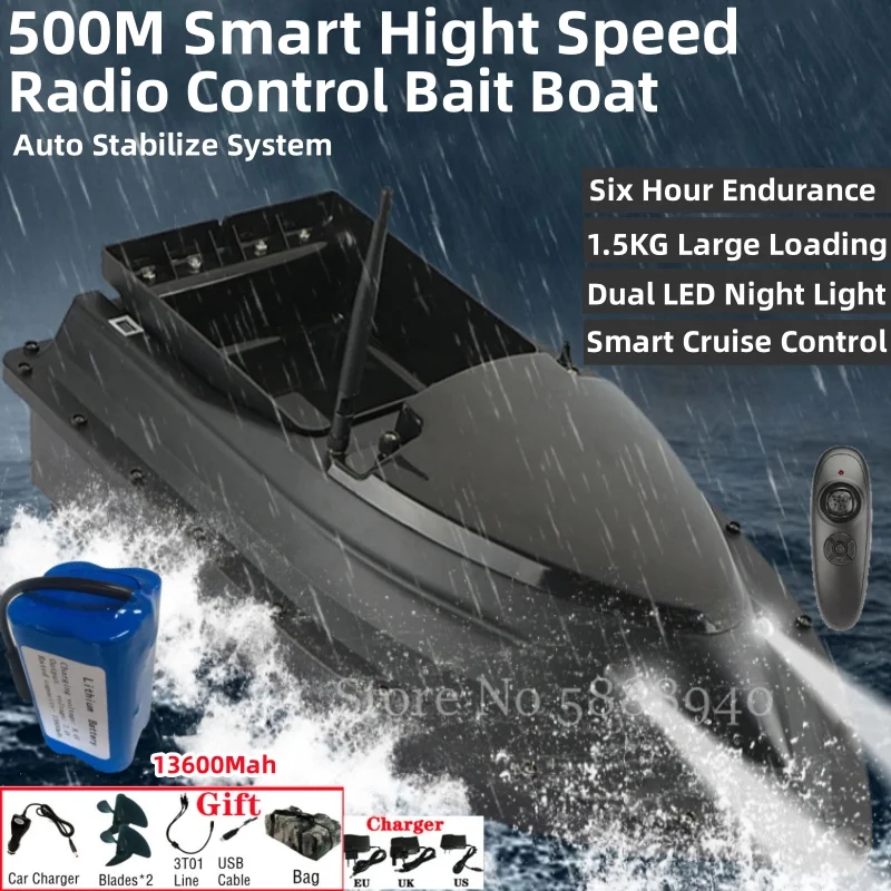 500M Smart Hight Speed Radio Control Fishing Boat 2.4G 1.5KG Loading Auto Calibration Seal Waterproof Night Lights RC Bait Boat