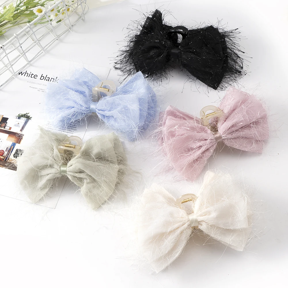 Large Bright Silk Fringe Bow Hair Claw Barrettes Flower Bowknot Ponytail Hairpin Hair Crabs Clip Ladies Fashion Hair Accessories