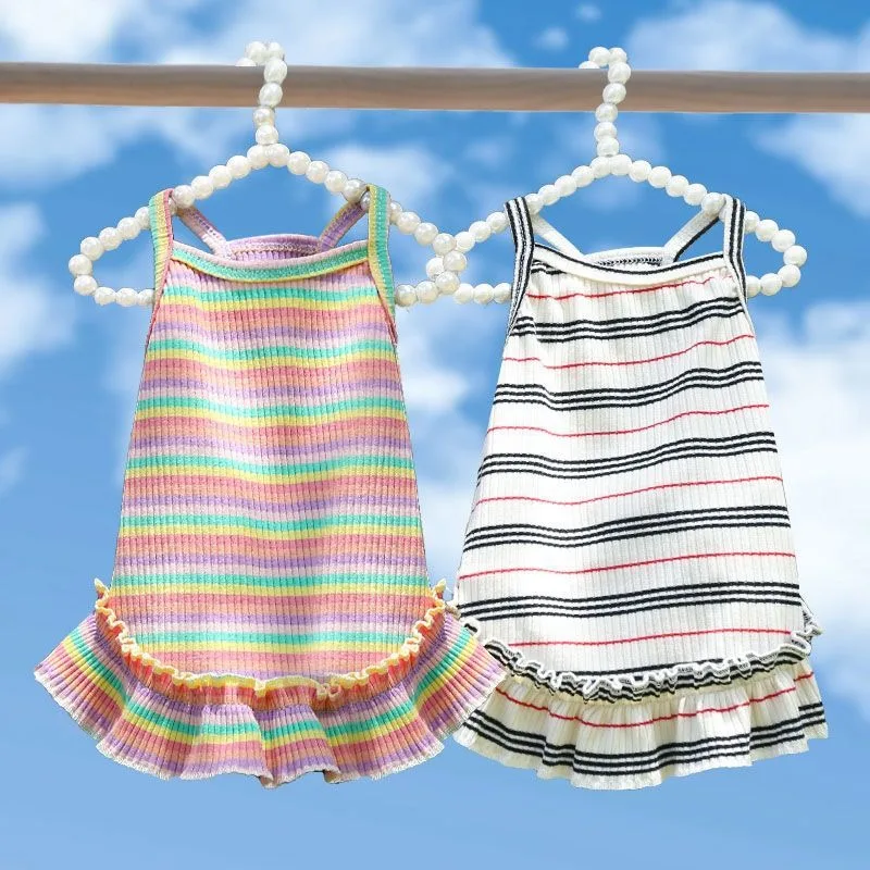 Rainbow Striped Halter Dress Stretchy Knit Puppy Clothes Cat Teddy Summer Dress Bikini Princess Skirt XS-XL