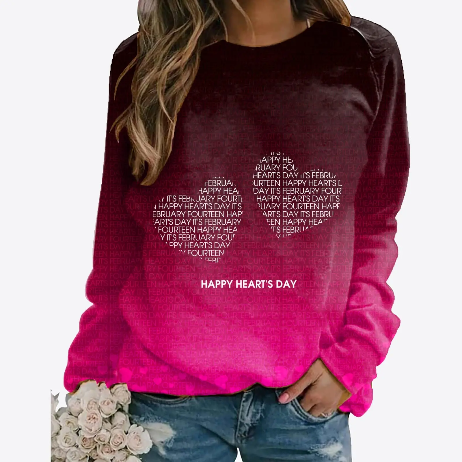 Valentine's Day Women Casual Sweatshirt Pullover Heart Letter Print Long Sleeve Round Neck Loose Fashion Pullover Tops