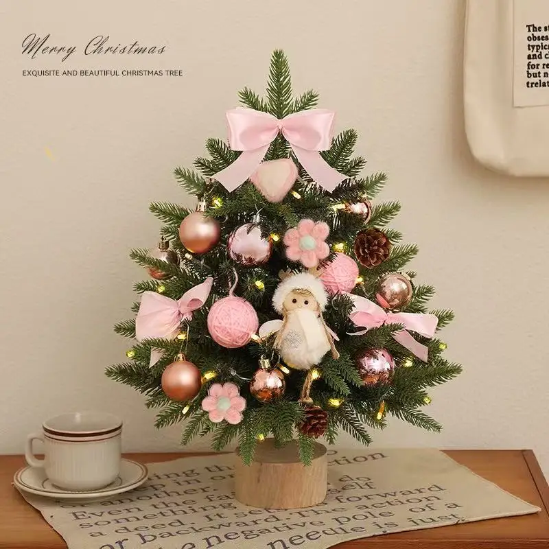 Small Artificial Christmas Tree with Warm Light String, Pinecones, Cotton & Vintage Ornament Balls, Wooden Base Desktop Home Chr