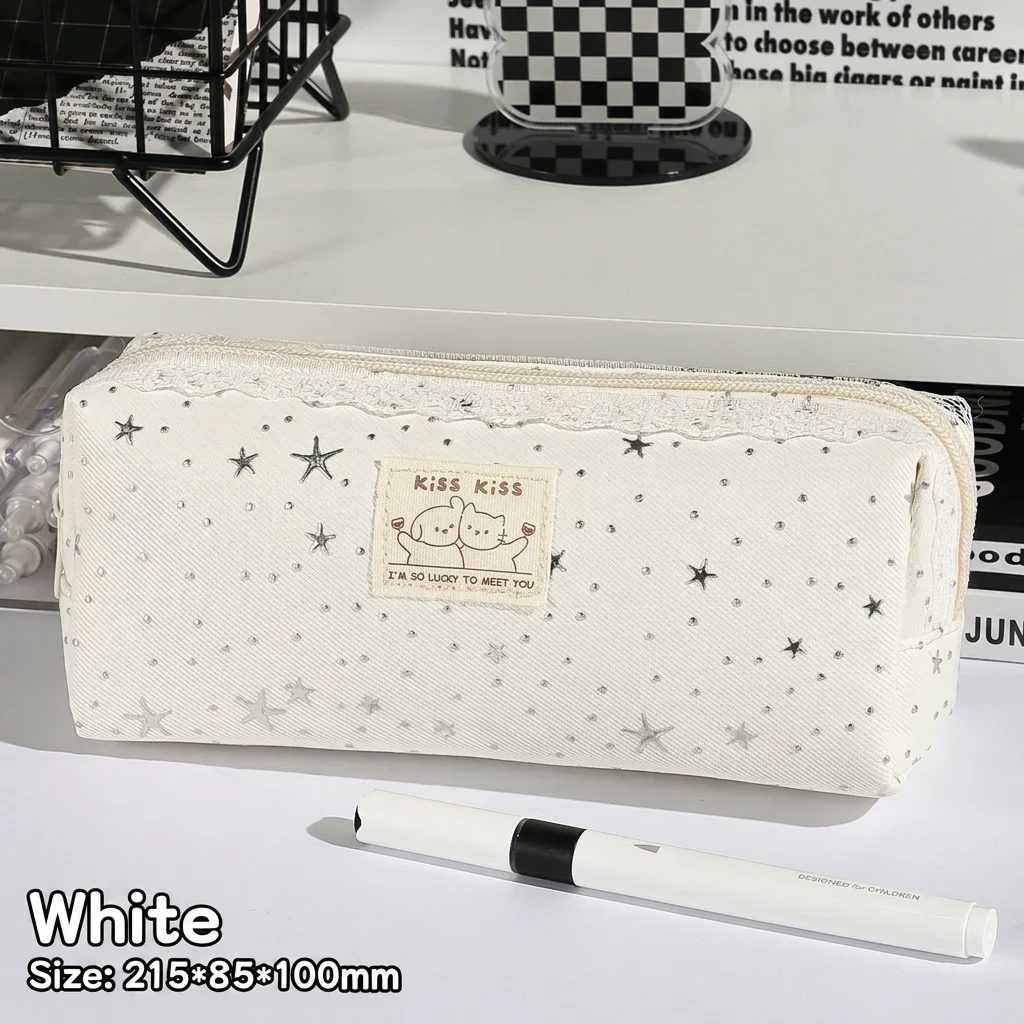 Multi-Layer Stationery Pouch Stylish Large Capacity Pencil Organizer Silver Star Pattern Pencil Case Minimalist For Stationery