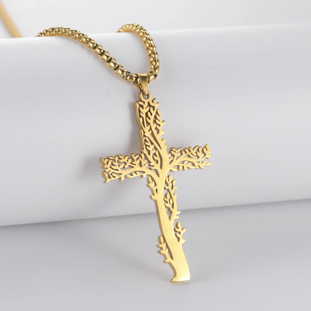 Collana con albero della vita con croce cristiana di Gesù per donne e uomini, catena in acciaio inossidabile, ciondolo con fede religiosa, regalo di