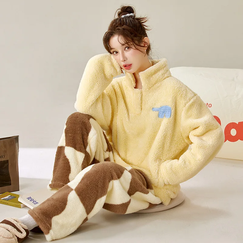 

Утепленный женский пижамный комплект из кораллового флиса: комфортная домашняя одежда, однотонный хлопковый пижамный костюм для отдыха ﻿