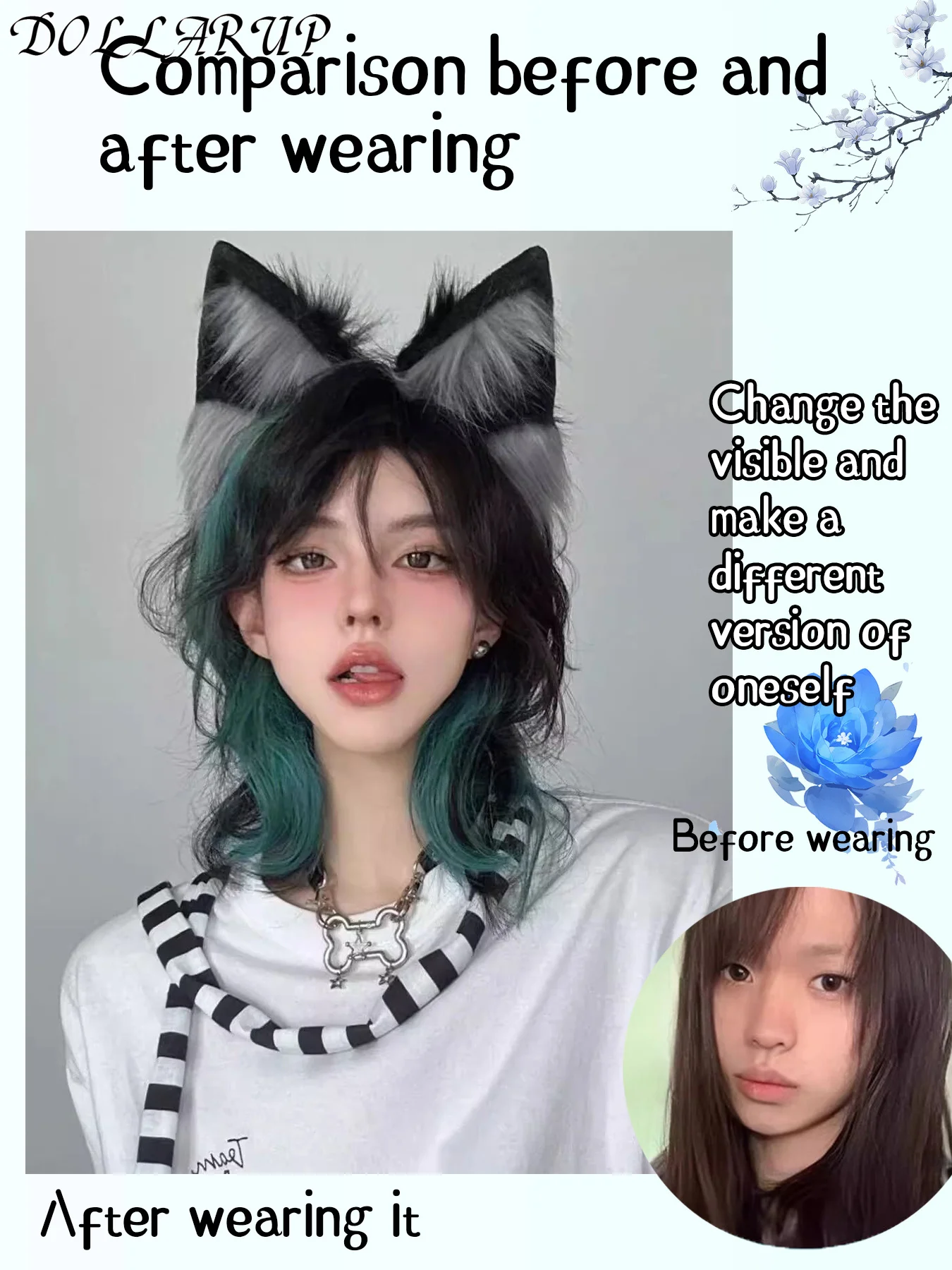 Wolf-tailed Warrior Wig Synthetic Green Highlights Hanging Ears With Short Hair Daily Fluffy And Natural Mullet Wig Headgear