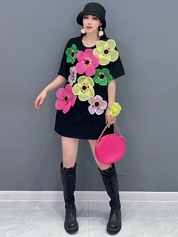 SHENGPALAE Three-d Colorful Flower Spliced T-shirt For Women Spring Fashion Niche Design Short Sleeve Casual Tees 2024 New R8809