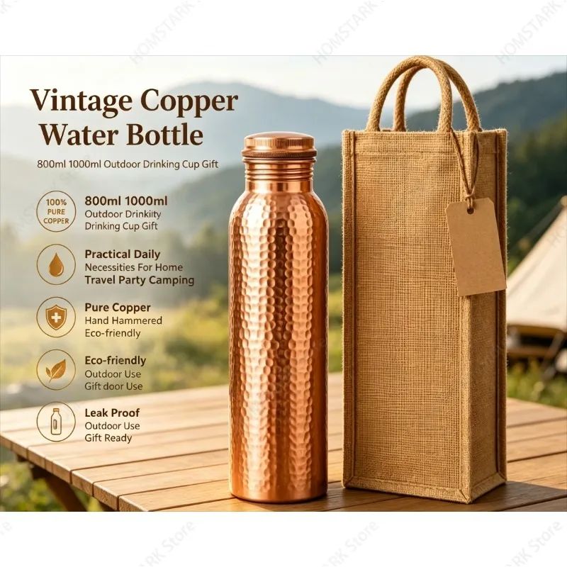 Vintage Copper Water Bottle, 800ml &1000ml Outdoor Drinking Vessel, Practical Daily Use Gift for Home & Travel