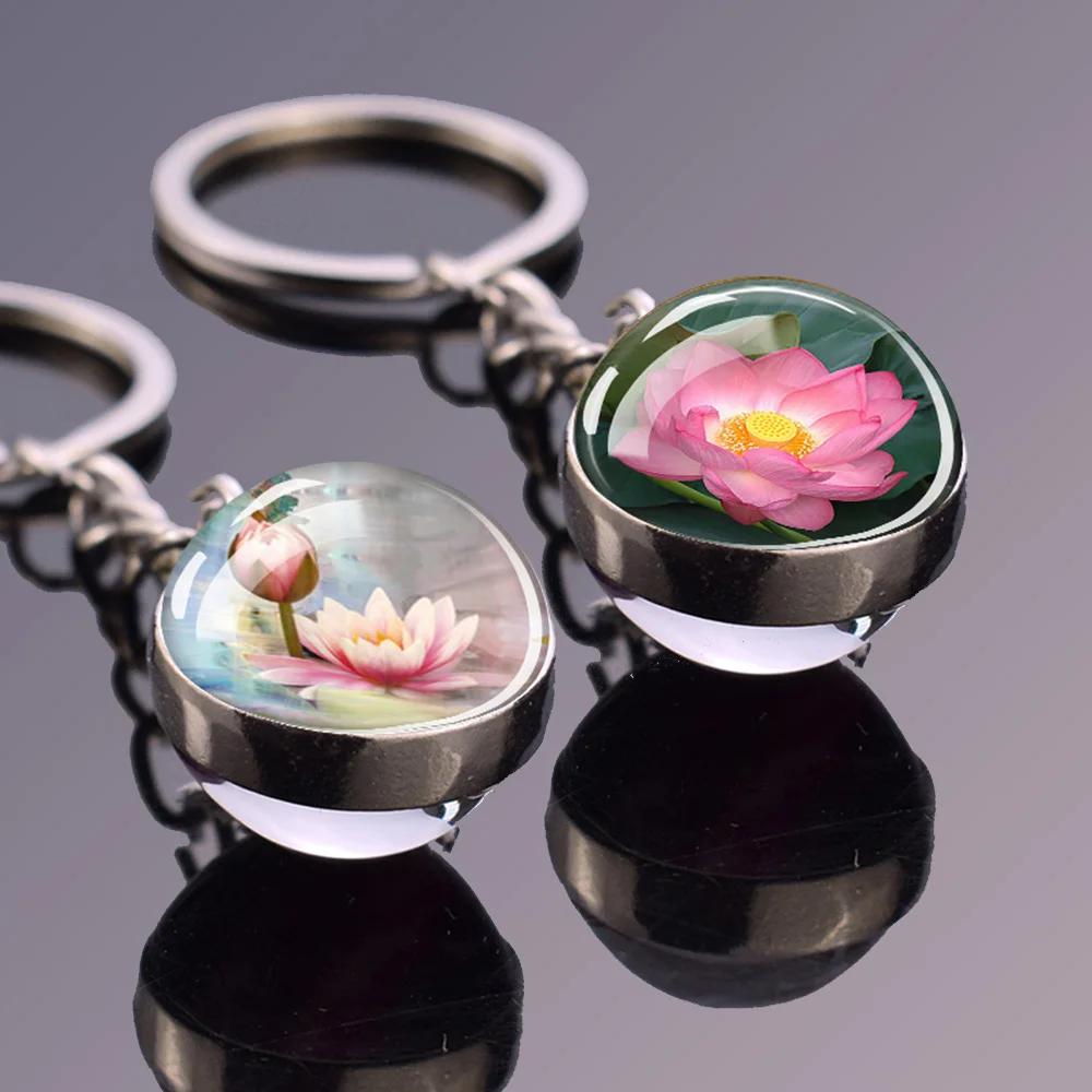 Lotus Flowers Keychains Flower Double Side Glass Ball Pendant Key Chain Beautiful Water Lily Keyring Fashion Jewelry Accessories