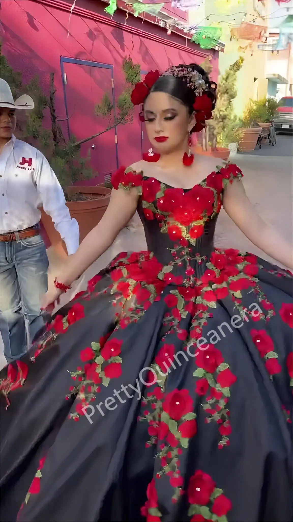 Black Mexican Style Quinceanera Dresses Charro Red 3D Flowers Embroidered Lace Layers Satin Vestidos Para XV AƱos Customized