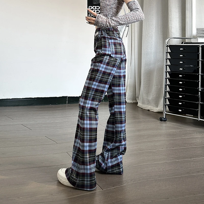 Women's Plaid Flared Pants,Casual Hot Sweet Style,patchwork Bell-bottomed Pants,American And European 2025