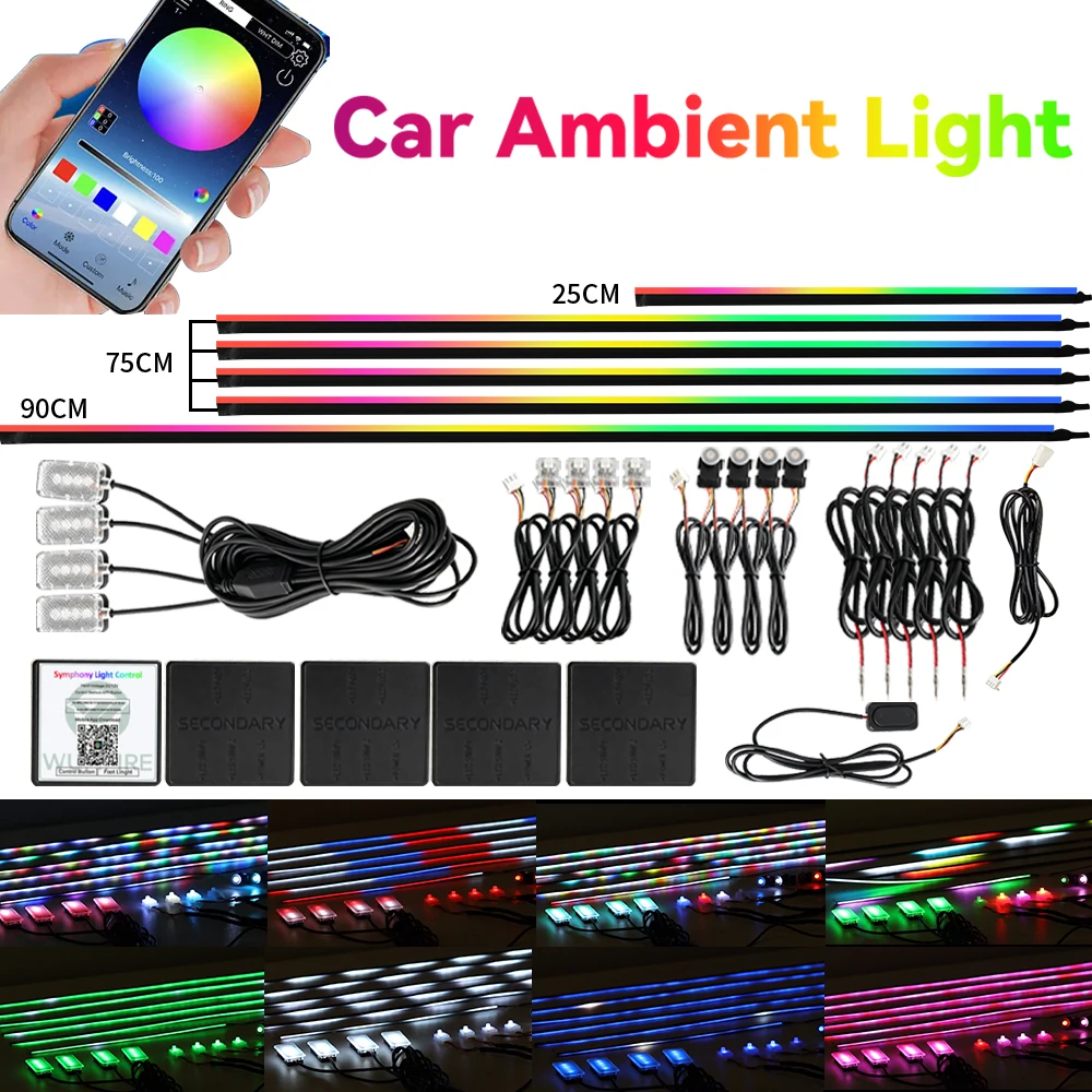 RGB Symphony Car Ambient Light 64 Color by APP Control LED Interior Acrylic Guide LED Strip Light Decoration Atmosphere Lamp