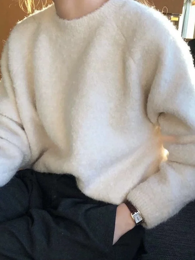 

Candy Miss Korean Style Long Sleeve Knitted Sweater round Neck Circle Furry Loose Fit Fashionable Lazy Style Women's Top