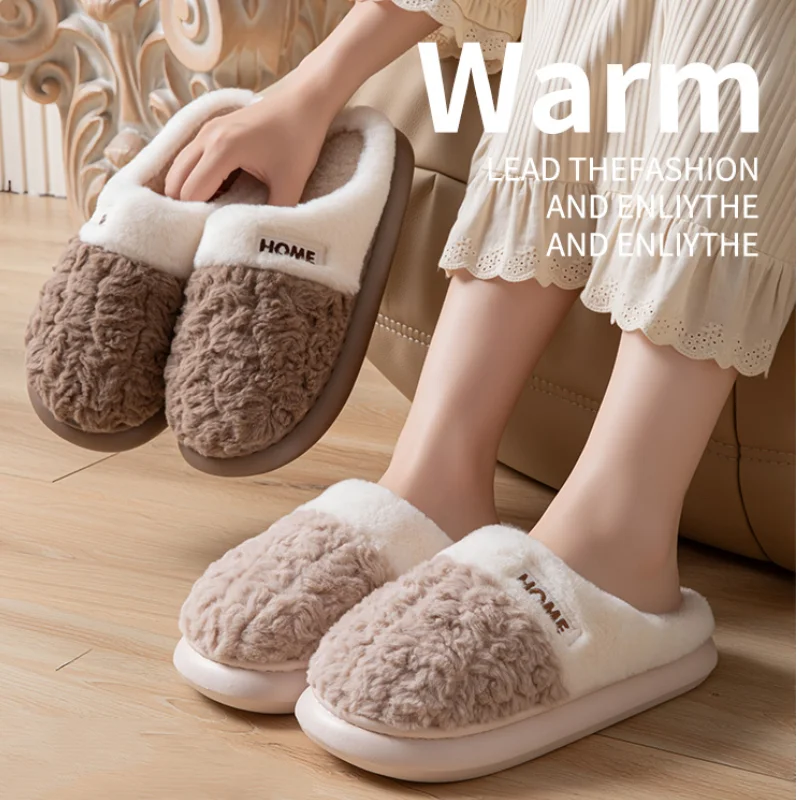 Winter Men's Comfy Plush Indoor Home Slippers Thick Bottom Non-slip Warm Cotton Shoes Couple Plus Size 36-54 Fluffy Men Slides