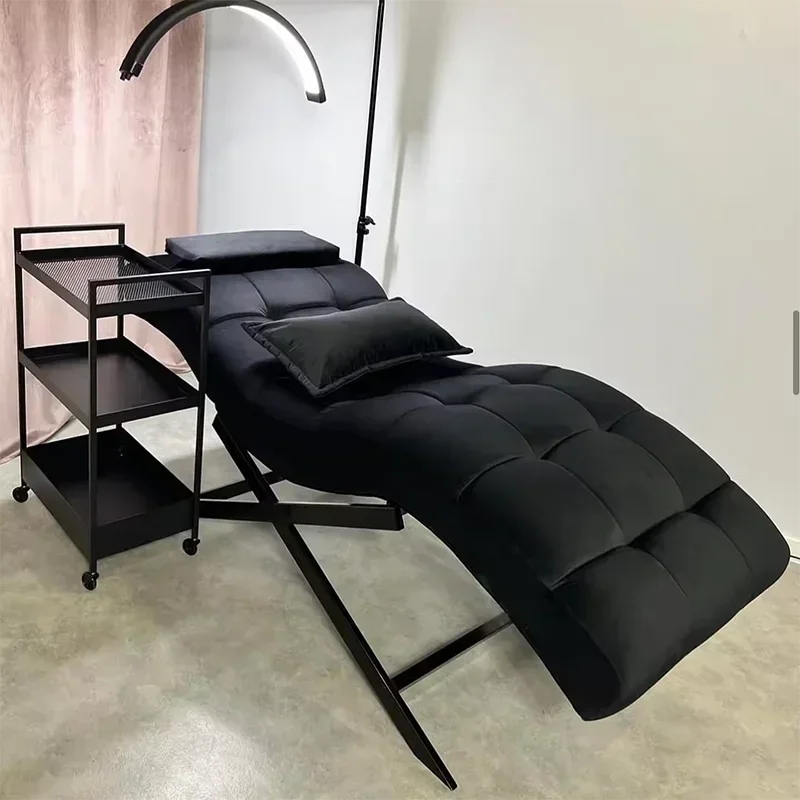 Brand new design beauty salon massage bed pink leather stainless steel base curved eyelash bed