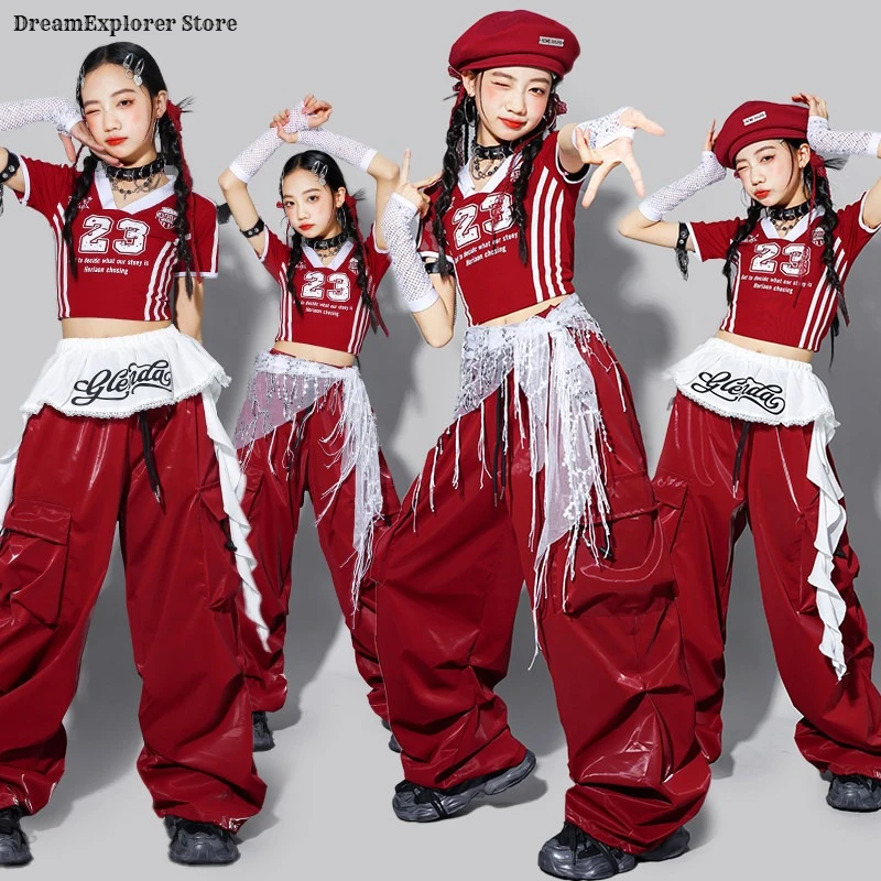 Girls K-pop Crop Top Street Dance Shiny Leather Cargo Pants Children Hip Hop Girl Group Clothes Set Kids Streetwear Jazz Costume