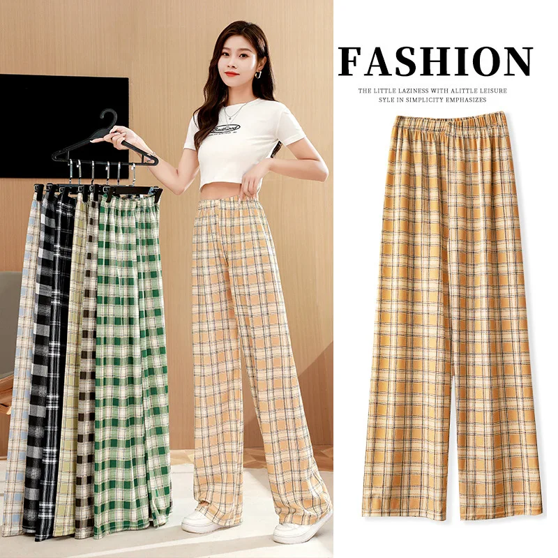 Women Summer Plaid Wide Leg Pants Elastic High Waist Loose Casual Trousers Ice Silk Checkered Palazzo Pants Home Beach Pants