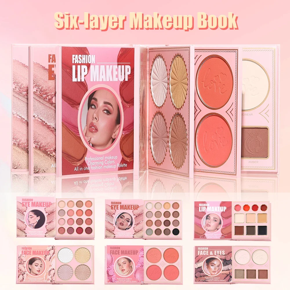 6 in 1 Foldable Makeup Book, Multifunctional Face Eye Lip Makeup Palette, Silky Smooth Powder, Long Lasting Pigmented Cosmetics