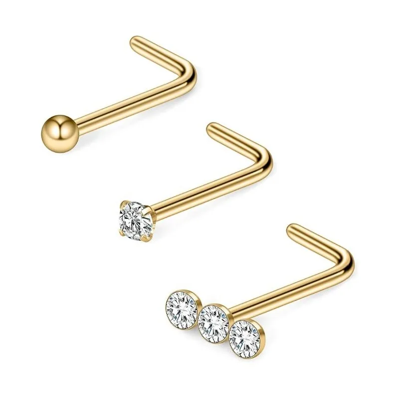 3PCS 20G Surgical Steel Triple Linear Ball Round Diamond CZ Nose Stud Rings L Shaped Piercing Jewelry Screw Rings Studs