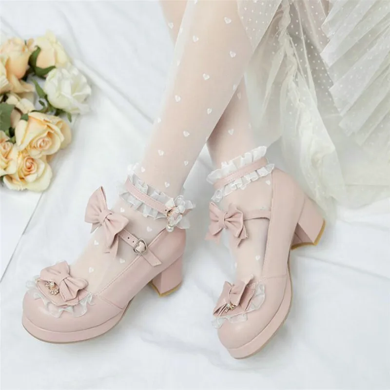 Girls High Heel Shoes Lolita Ruffles Bowknot Lace Wedding Shoes Women High Heel Princess Dress Party Shoes Plus Size 30-46